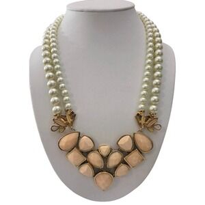 Talbots Bib Necklace Double Strand Faux Pearls Faceted Beaded Rhinestones